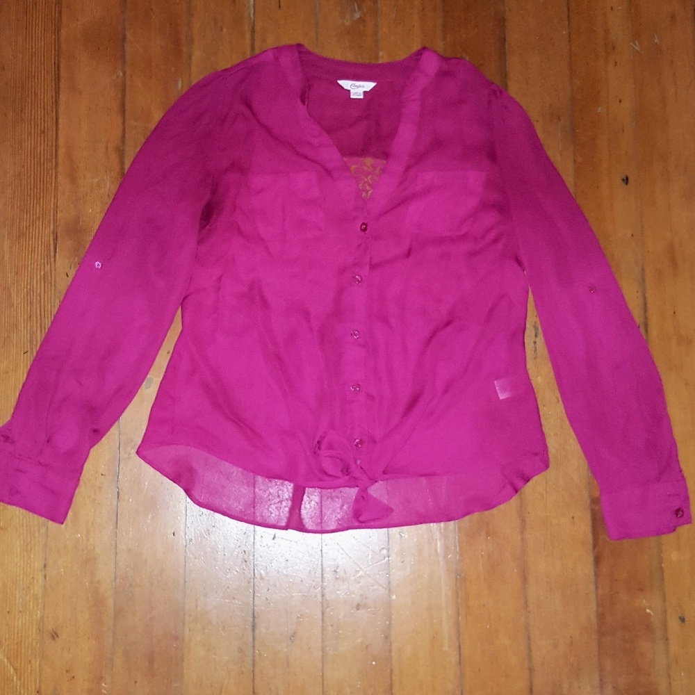 Pink lace & front tie button down blouse